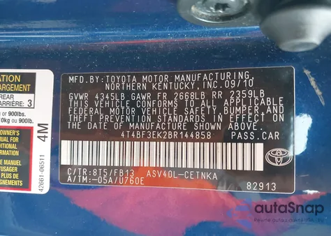 2011 Toyota Camry Le из США, поврежденный, VIN 4T4BF3EK2BR144858